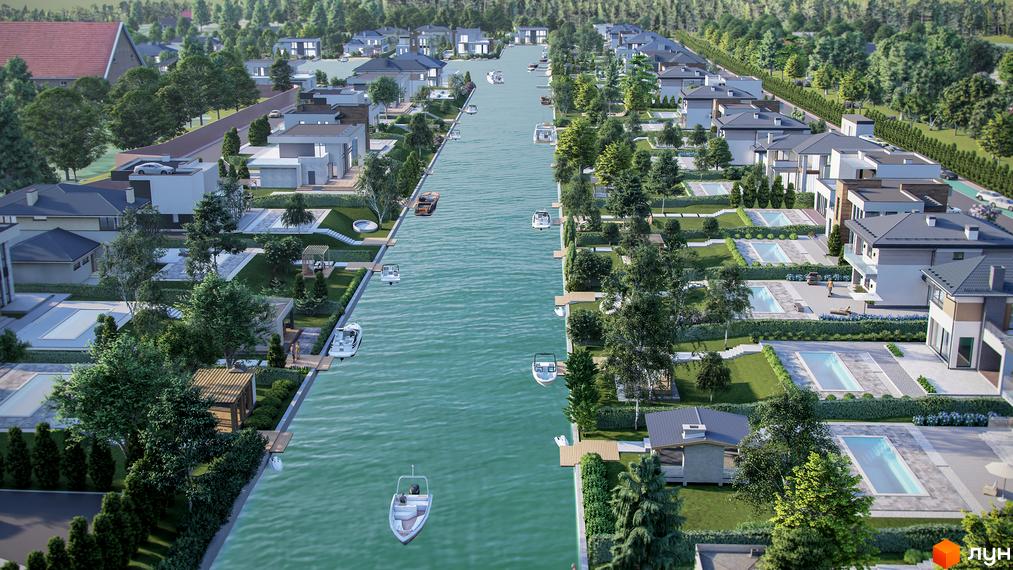 Котеджне містечко Marinero Residence з будинками біля каналу та басейнами на приватних ділянках. На території розташовані човни та зелені насадження.