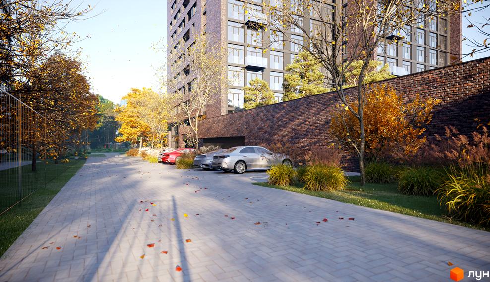 Зображення фасаду будинку Житлового комплексу MAISON та прибудинкової території з автомобілями та деревами.