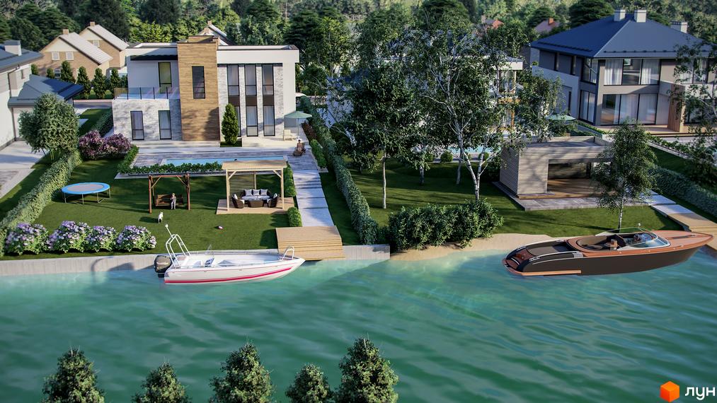 Котеджне містечко Marinero Residence: двоповерхові будинки з великими вікнами, басейн та причал з катерами на березі водойми.