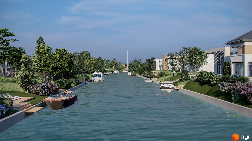 Котеджне містечко Marinero Residence з будинками біля каналу з човнами. Територія комплексу з озелененням та зонами відпочинку.