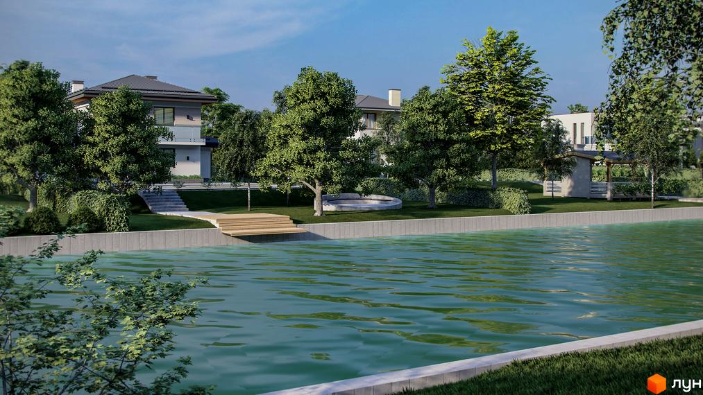 Котеджне містечко КМ Marinero Residence з сучасними будинками та доглянутою прибудинковою територією біля води. На території є зелені насадження та зона відпочинку.