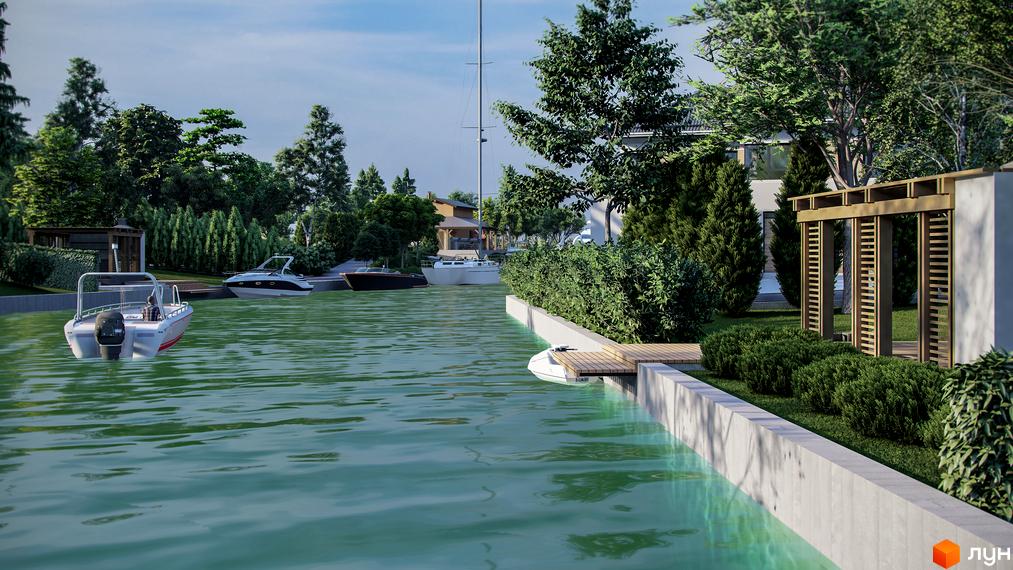 Котеджне містечко КМ Marinero Residence з водними каналами та яхтами. Прибудинкова територія з альтанкою та зеленими насадженнями.