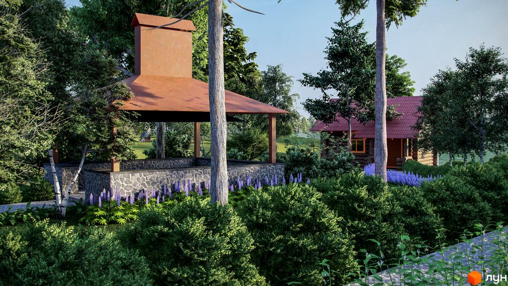 Котеджне містечко Marinero Residence: затишний дерев'яний будинок з червоним дахом та бесідкою з цегляною основою серед зелені. Прибудинкова територія з квітами та деревами.