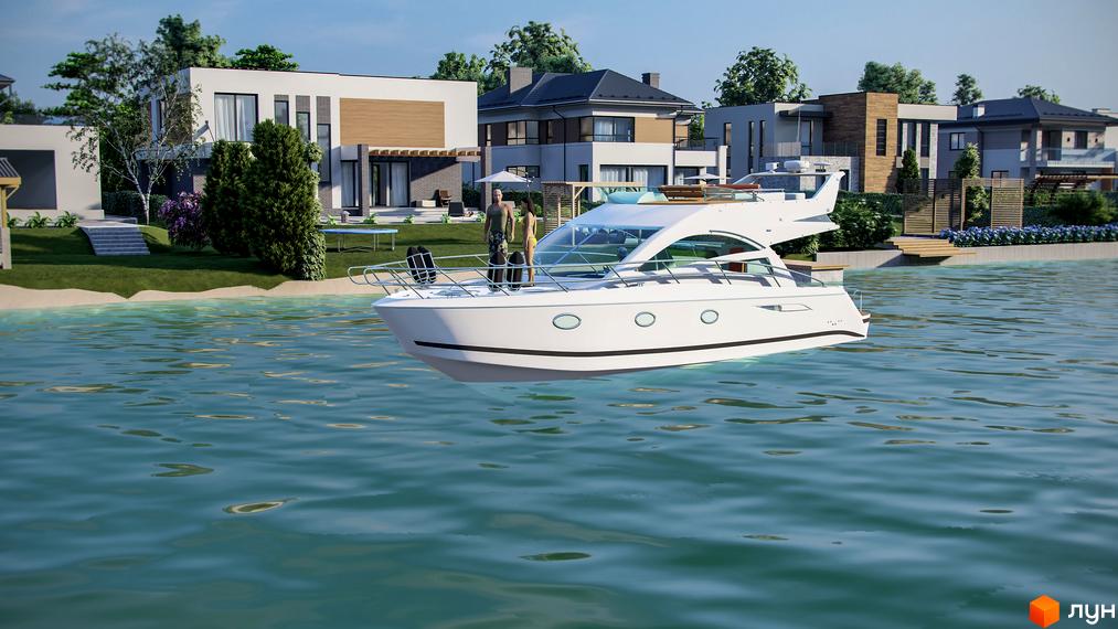 Котеджне містечко Marinero Residence: білосніжний яхта біля берега з сучасними будинками та доглянутою територією. Відпочинок біля води.