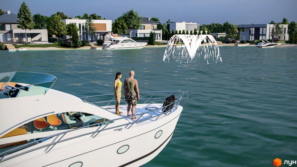 Котеджне містечко КМ Marinero Residence: білі будинки з панорамними вікнами на березі водойми з яхтами та фонтаном.