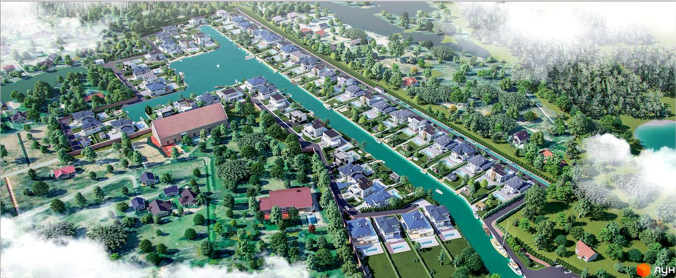 Котеджне містечко Marinero Residence з будинками біля каналу та зеленою територією. Візуалізація житлового комплексу з водними шляхами та приватними будинками.