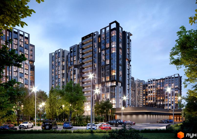 Житловий комплекс NEXT – це сучасна новобудова з великою кількістю скляних фасадів та балконів, що оточена зеленими насадженнями та має паркінг.