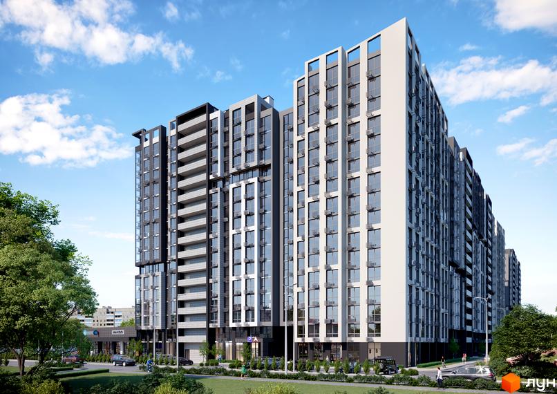 Зовнішній вигляд житлового комплексу NEXT з фасадами сірих та білих кольорів, балконами та великими вікнами. Навколо комплексу зелена зона та дорога з автомобілями.