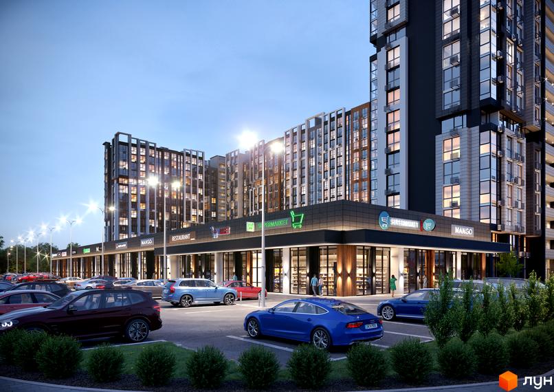 Житловий комплекс NEXT з паркінгом та магазинами на першому поверсі. На території комплексу є зелені насадження та освітлення.