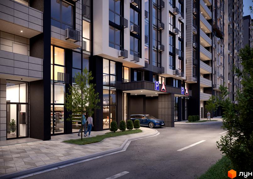 Зовнішній вигляд новобудови ЖК NEXT з фасадом з великих вікон та балконів, прибудинкова територія з дорогою та зеленими насадженнями.