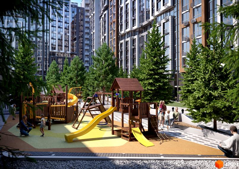 Житловий комплекс NEXT: новобудова з багатоповерховими будинками та зеленою зоною відпочинку з дитячим майданчиком.