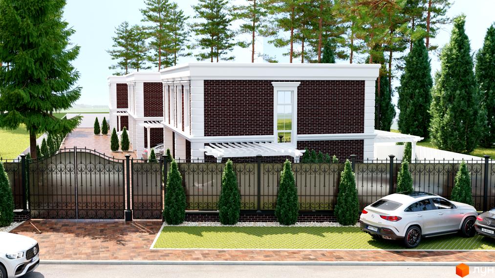 Таунхауси Feofaniya Home з цегляним фасадом та білими колонами, огороджена територія з кованими воротами та доглянутим газоном.