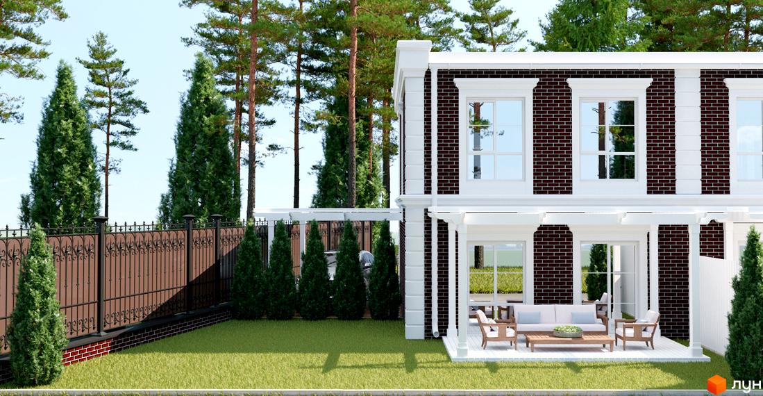 Таунхауси Feofaniya Home: двоповерховий будинок з цегляним фасадом та білими архітектурними елементами, зелений доглянутий двір з парканом та деревами.