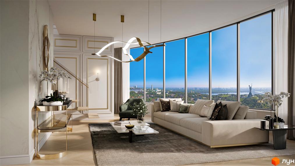 Панорамний вид з вікна квартири в БФК INTERGAL CITY на міський пейзаж, річку Дніпро та монумент Батьківщина-Мати.