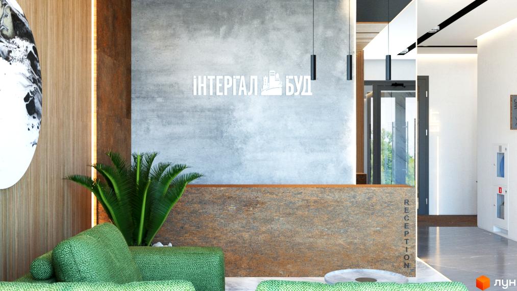 Інтер'єр ресепшену в Будівельний проєкт CITY HUB з рослинами та зоною очікування, вхідні двері з написом інформація.