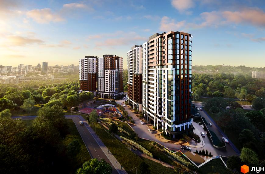 Високоповерхові будинки ЖК CITY HUB з панорамними вікнами на тлі зелених насаджень, поруч розташовані дороги та дитячий майданчик.