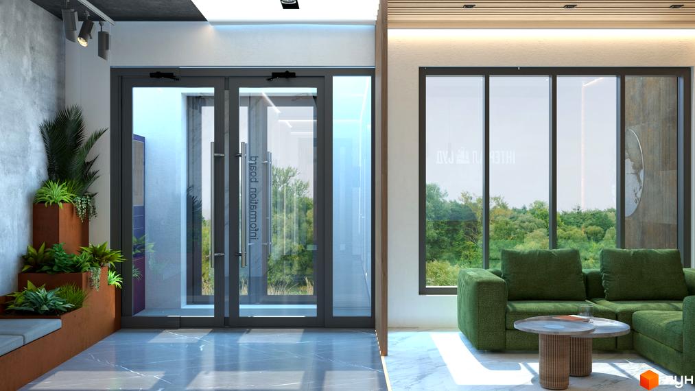 Інтер'єр Житлового комплексу CITY HUB з великими вікнами та зеленими рослинами. Вигляд на внутрішній дворик з ландшафтним дизайном.