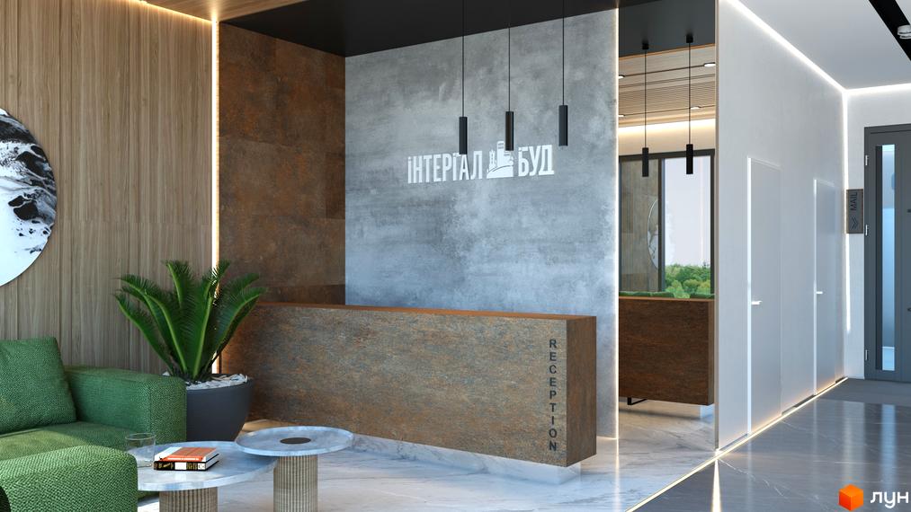 Інтер'єр холу Житлового комплексу CITY HUB з рецепцією, диваном та рослинами. Дизайн в сірих та коричневих тонах, освітлення.