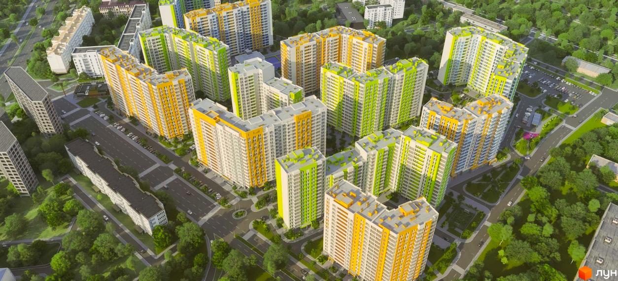 Житловий комплекс Нивки-Парк: висотні будинки з жовтими та зеленими фасадами. На прибудинковій території є дороги, парковка та зелені насадження.