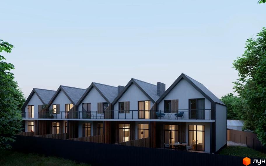 Котеджне містечко КМ Березневе. Зовнішній вигляд будинків з сірими дахами та білими стінами, балконами та вікнами. Навколо зелені дерева та паркан.