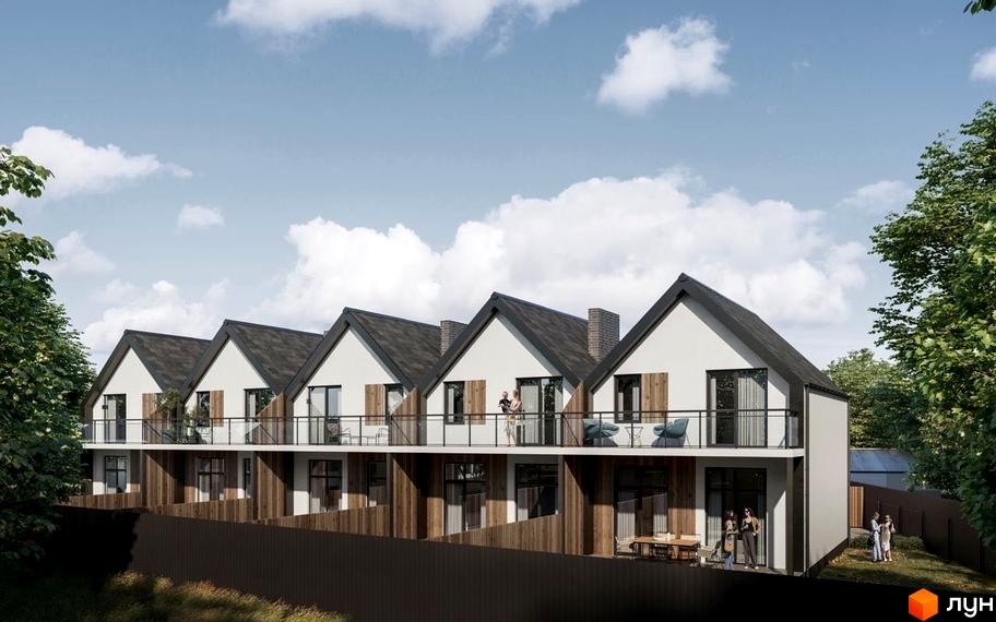 Котеджне містечко КМ Березневе: фасади будинків з темним дахом та дерев'яними елементами, балкони, тераси та зелена прибудинкова територія.