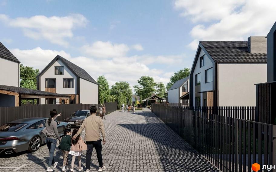 Котеджне містечко Березневе: сучасні будинки з сірими дахами та прибудинковою територією з бруківки та зеленими насадженнями.