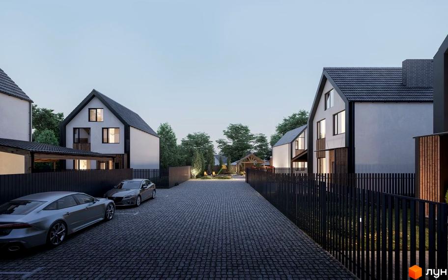 Котеджне містечко КМ Березневе: двоповерхові будинки з темними дахами та паркуванням біля будинків. Територія з бруківкою та зеленими насадженнями.