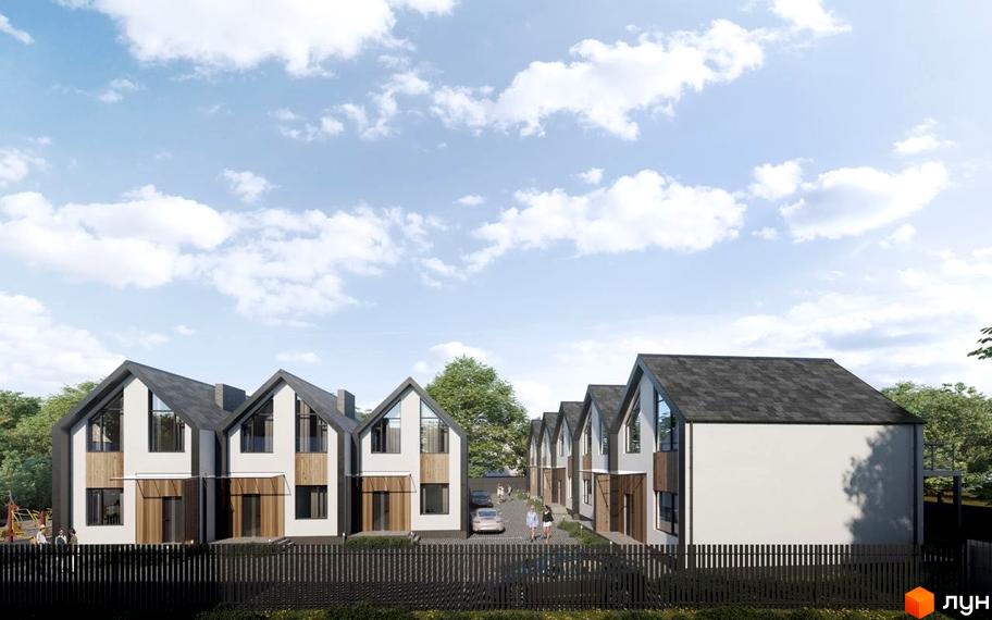 Котеджне містечко КМ Березневе: фасади будинків з темним дахом та дерев'яними елементами, огороджена територія з парканом та зеленими насадженнями.