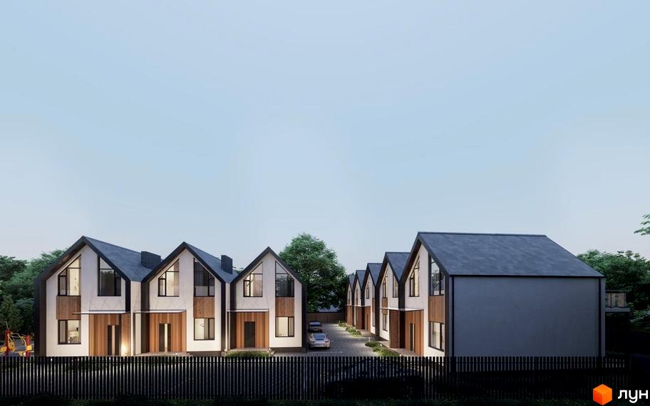 Котеджне містечко Березневе: фасади будинків з двосхилими дахами та дерев'яними елементами, огороджена територія з паркуванням.