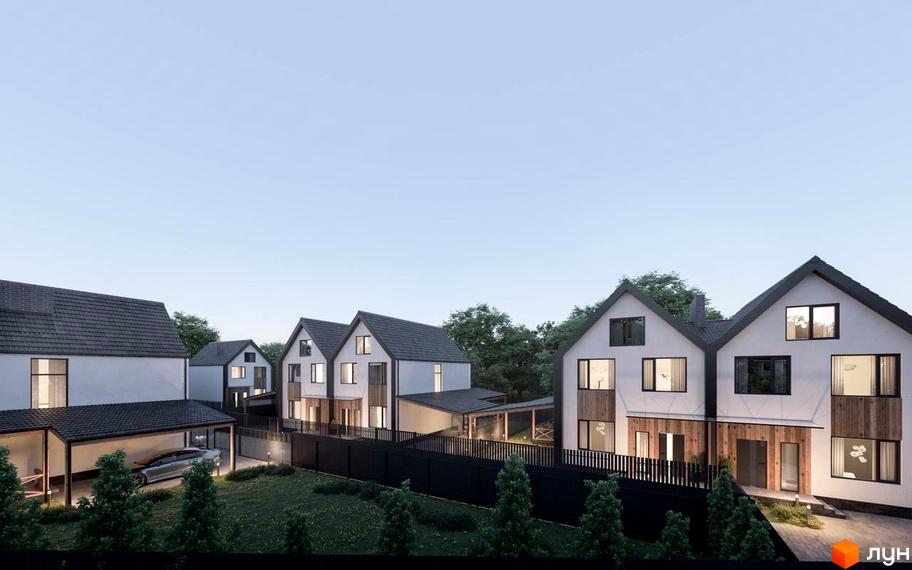 Котеджне містечко Березневе: сучасні будинки з темними дахами та великими вікнами, прибудинкова територія з зеленими насадженнями та парканом.