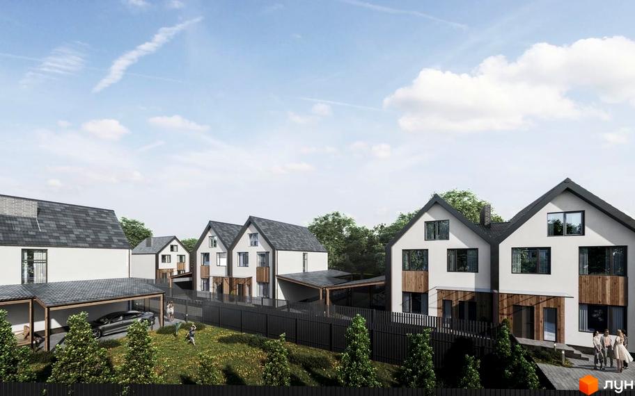 Котеджне містечко Березневе: фасади білих будинків з темними дахами та дерев'яними елементами, прибудинкова територія з парканом, зеленими насадженнями та автомобілем під навісом.