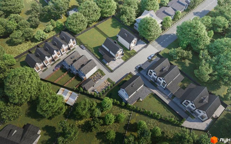 Котеджне містечко КМ Березневе: вид згори на ряди будинків з темними дахами та прибудинкову територію з деревами та газонами.