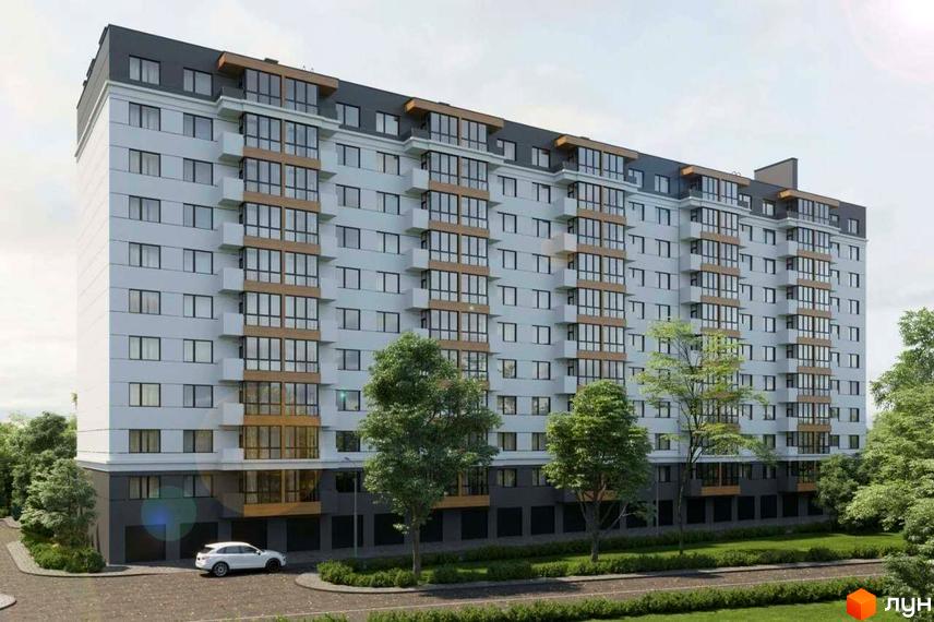 Зовнішній вигляд житлового комплексу Староміський з білими фасадами, коричневими елементами та великою кількістю вікон. Навколо комплексу зелені дерева та доглянута прибудинкова територія.