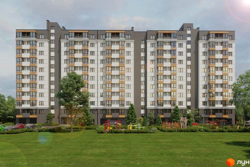 Новобудова ЖК Староміський з сіро-білим фасадом та балконами, поруч зелений двір з дитячим майданчиком та парковкою.