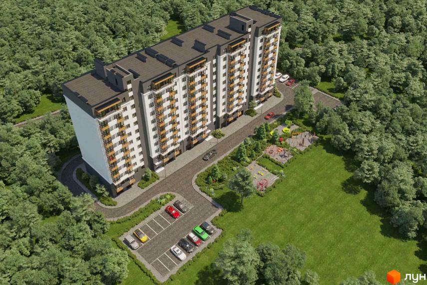 Житловий комплекс Староміський - багатоповерховий будинок з балконами та парковкою, оточений деревами. Поруч дитячий майданчик та зелена зона.