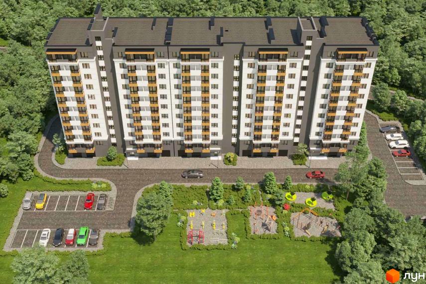 Житловий комплекс Староміський: багатоповерховий будинок з біло-сірими фасадами та балконами, поруч дитячий майданчик та парковка.