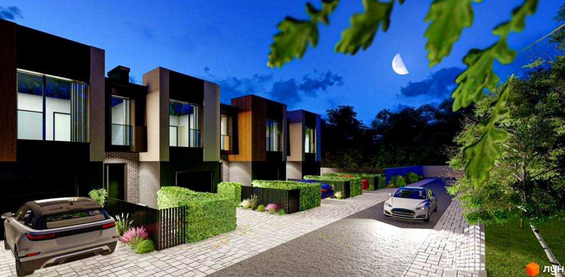 Зовнішній вигляд котеджного містечка КМ ВДОМА вночі з місяцем на небі. Прибудинкова територія з автомобілями та зеленими насадженнями.