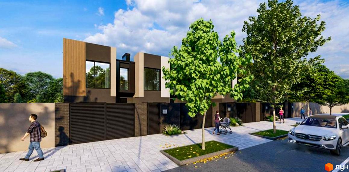 Котеджне містечко КМ ВДОМА: фасади будинків з дерев'яними та бежевими вставками, великі вікна, огороджена територія з доглянутими деревами та бруківкою.