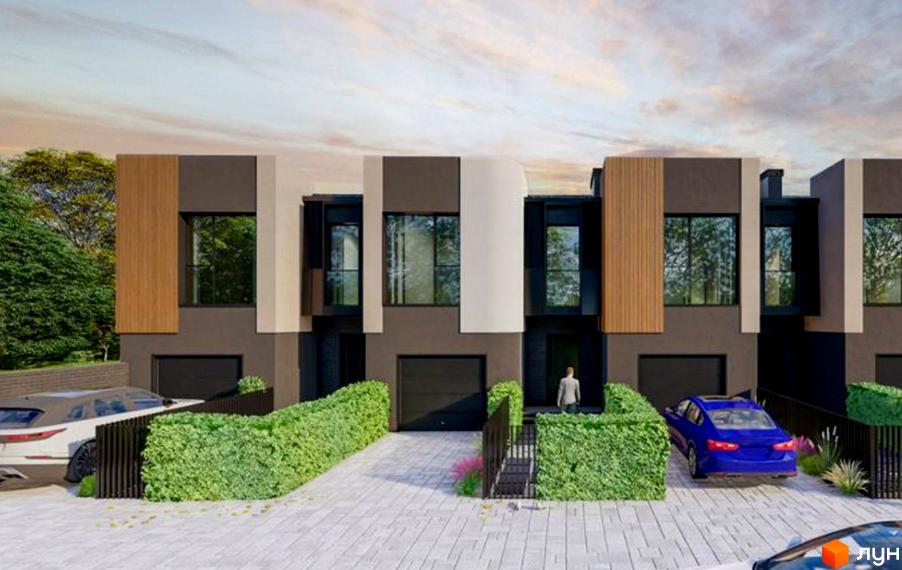 Зовнішній вигляд котеджного містечка КМ ВДОМА з сучасними фасадами та доглянутою прибудинковою територією з зеленими насадженнями та автомобілями.