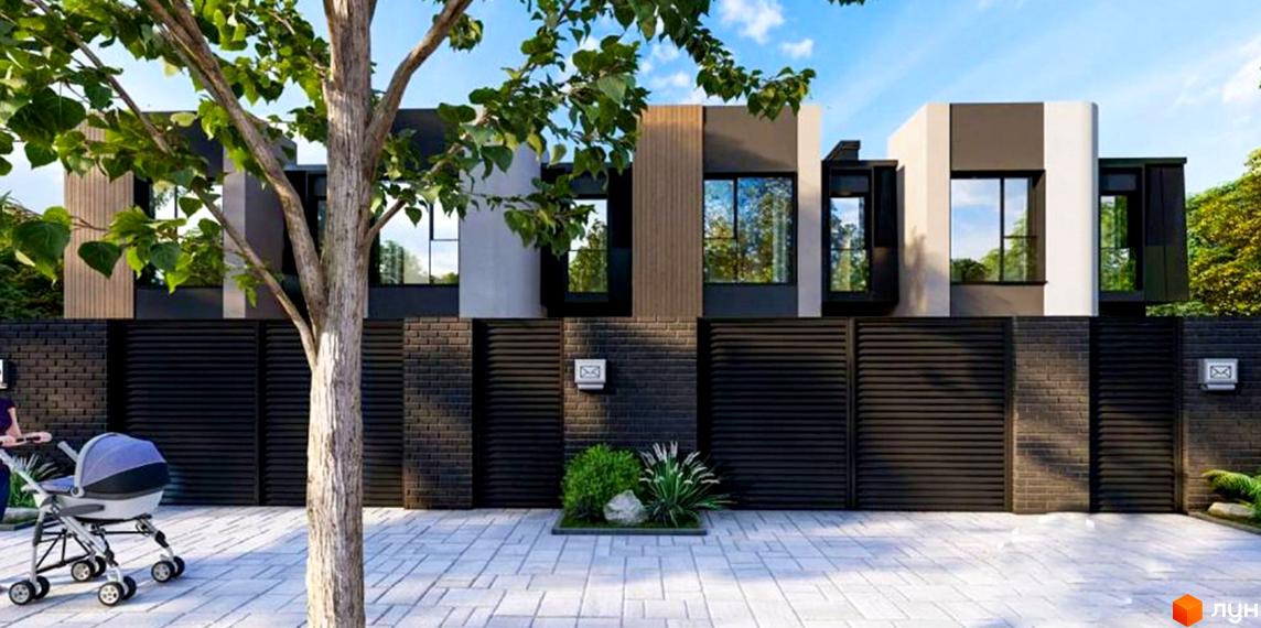 Котеджне містечко КМ ВДОМА: триповерхові будинки з панорамними вікнами та дерев'яними елементами фасаду, огороджені парканом з цегли та металу, з доглянутою прибудинковою територією.