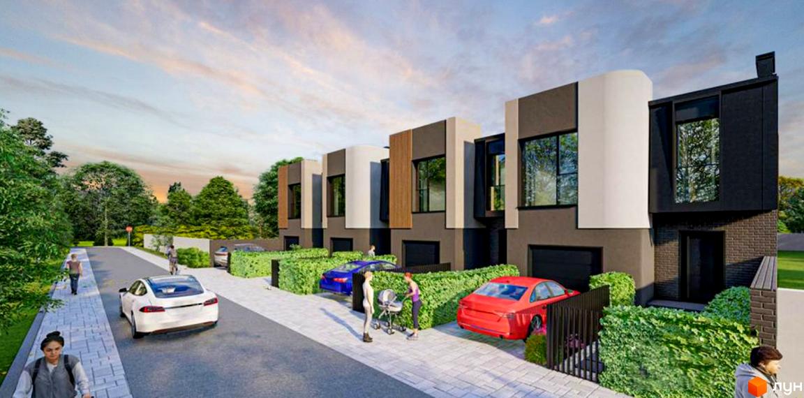 Котеджне містечко КМ ВДОМА: фасади будинків з панорамними вікнами та прибудинкова територія з автомобілями та зеленими насадженнями.