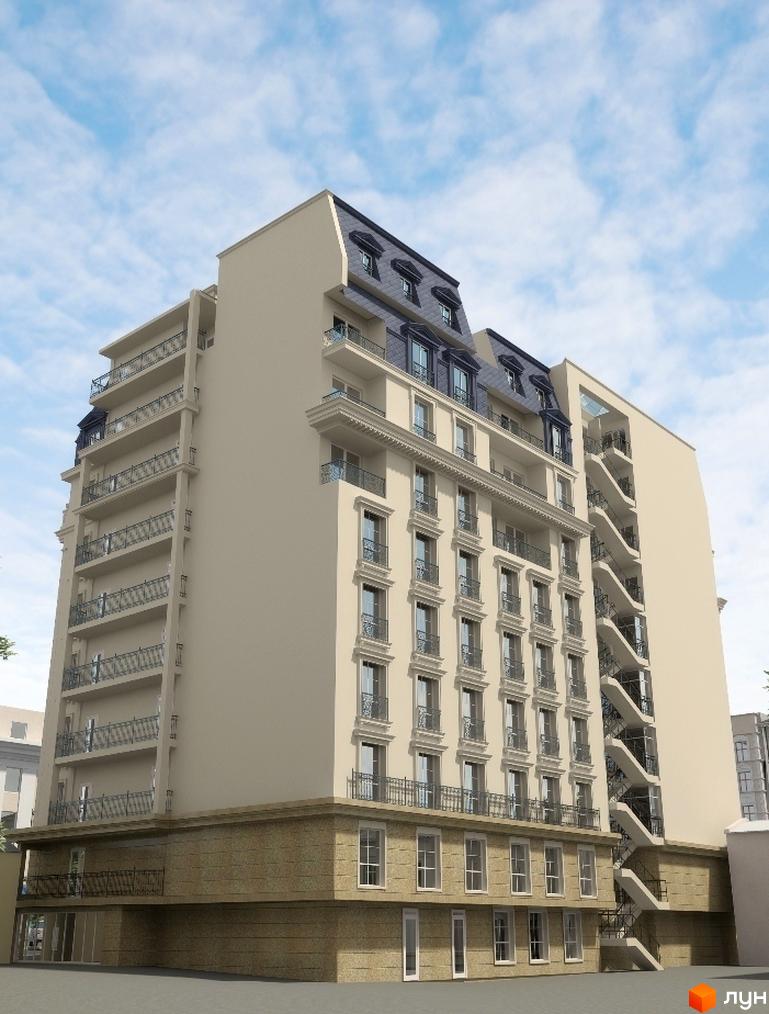 Будинок на Осипова - це новий житловий комплекс з елегантною архітектурою та французьким мансардним дахом. Зовнішній вигляд будівлі вражає симетричними балконами та великою кількістю вікон.