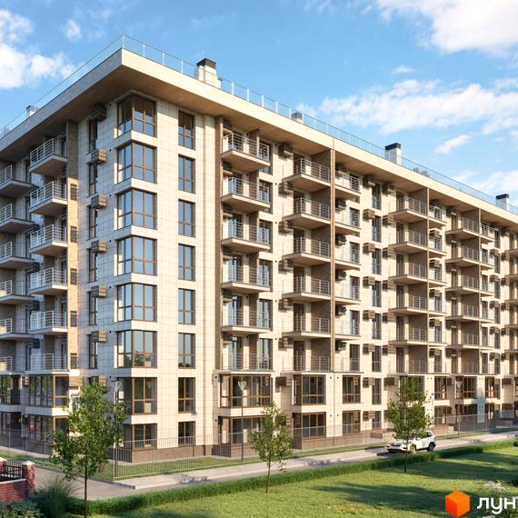 Зовнішній вигляд будинку ЖК ВЕЛЕС з численними балконами та великими вікнами. На прибудинковій території зелена галявина та дорога з автомобілем.