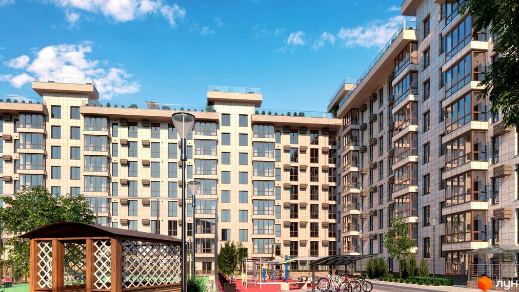 Житловий комплекс ВЕЛЕС з фасадами з світлої плитки та великими вікнами, упорядкована прибудинкова територія з дитячим майданчиком та альтанкою.