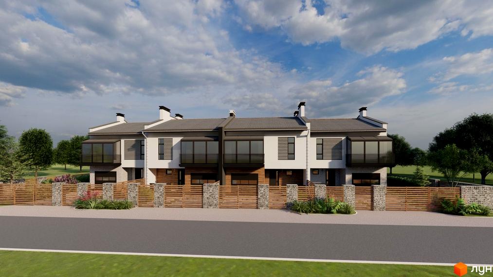 Таунхауси SmartBud - три двоповерхові будинки з сірими дахами та білими фасадами, огороджені дерев'яним парканом. Навколо будівель зелені насадження та дорога.