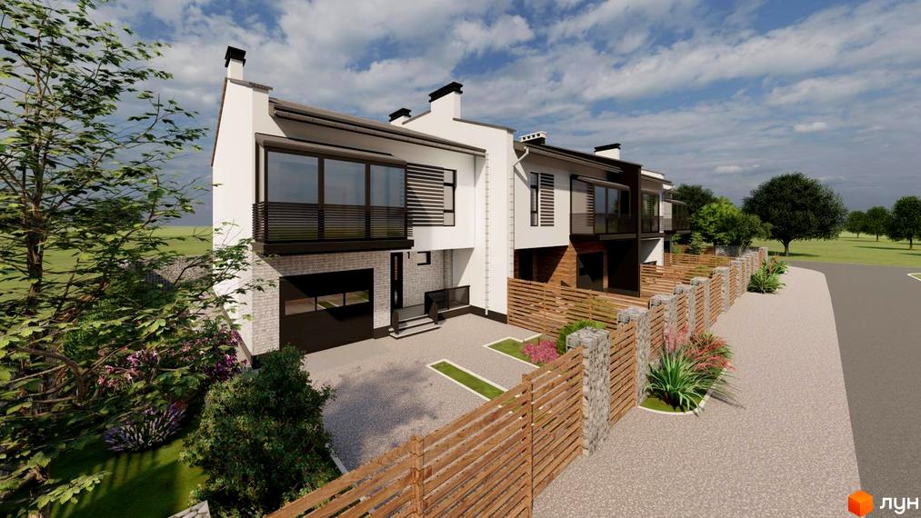 Зовнішній вигляд таунхаусів SmartBud з панорамними вікнами та індивідуальними гаражами. Прибудинкова територія з дерев'яним парканом та ландшафтним дизайном.