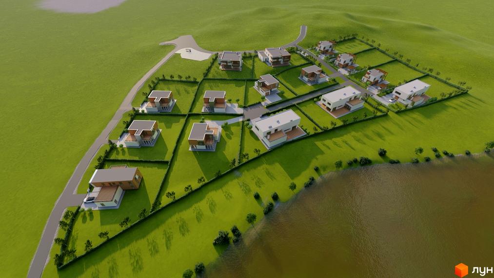 Котеджне містечко Impulse - сучасна архітектура будинків з великими вікнами та доглянутими ділянками. Комплекс розташований біля водойми на фоні зелених пагорбів.