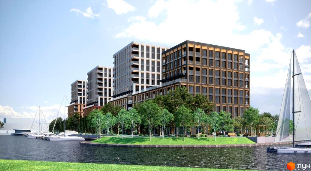 Житловий комплекс Cityisland з багатоповерховими будинками та яхтами на набережній. На території комплексу розташовані дерева та зони відпочинку.