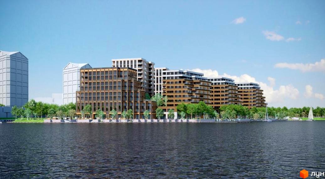 Житловий комплекс Cityisland з сучасними фасадами, розташований на березі водойми з зеленими насадженнями та яхтами.