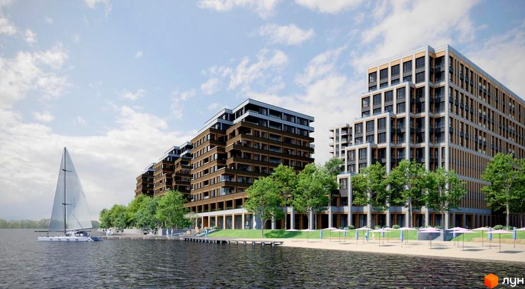 Житловий комплекс Cityisland з фасадами з дерева та скла, розташований біля води з пляжем та парасольками.